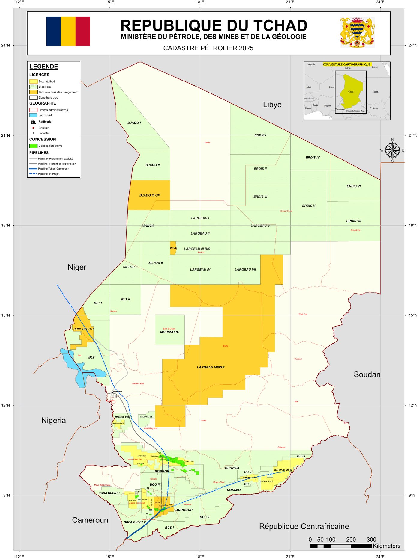 Carte officielle du cadastre pétrolier 2025 · République du Tchad